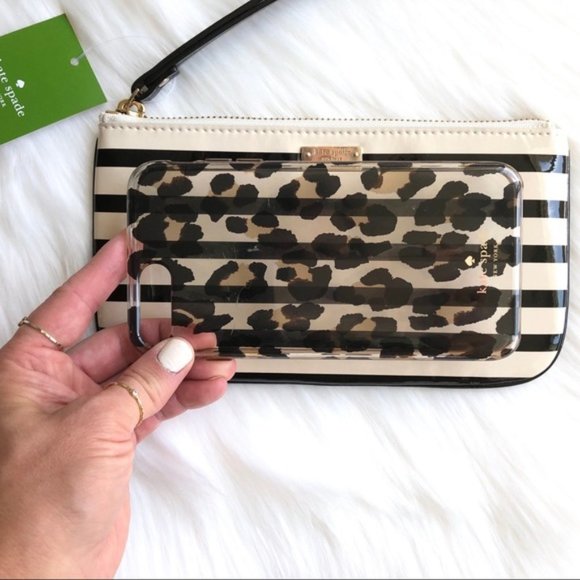 New KATE SPADE Striped Zippery Chrissy Wristlet Black Cream 8.25” x 4.6” - Picture 10 of 11